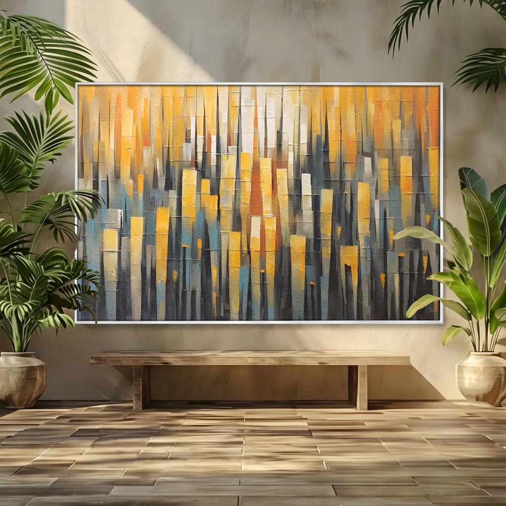 Tablou canvas cu pictura abstracta cu dungi verticale aurii, in rama de aluminiu argintiu